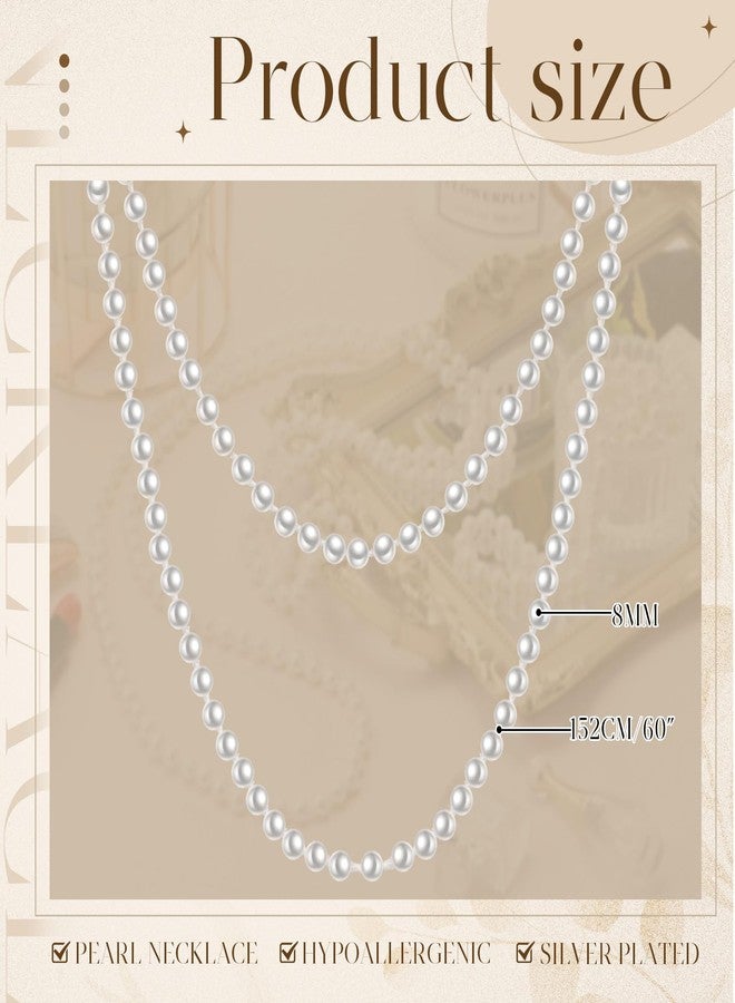 Aurelema 2 Pack Long Pearl Necklace for Women 1920s Costume Jewelry White Faux Pearls Strand Beads for Ladies (60 Inches,8 mm) - Image 4